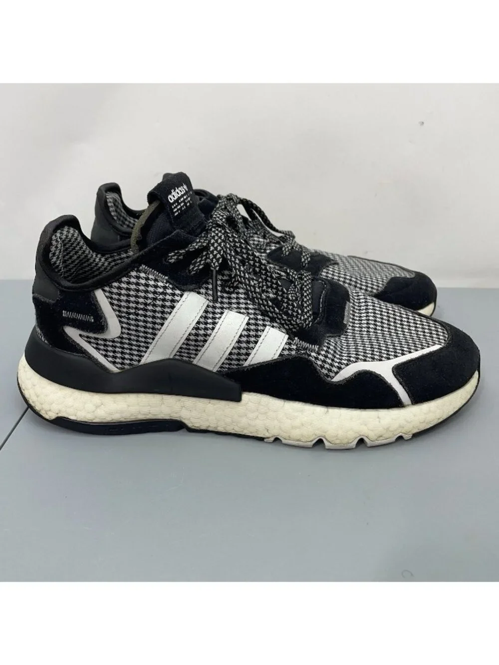 Adidas Nite Jogger Sneakers Shoes Running Houndstooth Plaid Black White Men 11.5